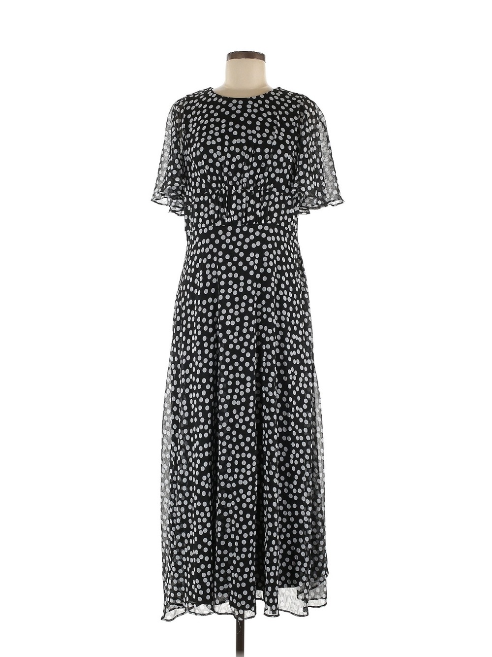 Black and White Polka Dot Jewel-Neck Cape-Overlay Dress